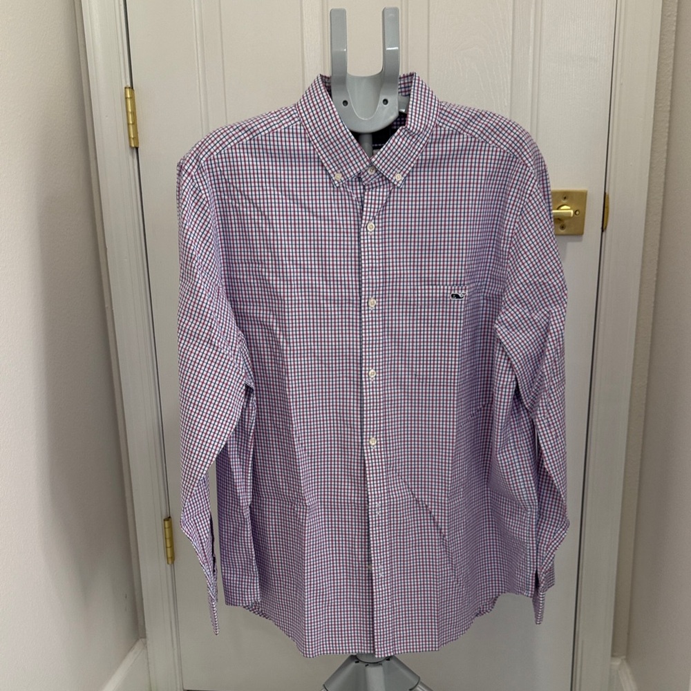 Vineyard Vines Men's Purple and White Checkered Shirt